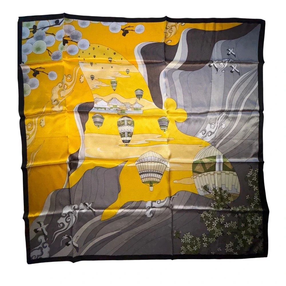 Silk Square Scarf‎ Hot Air Balloon Landscape Print Yellow Grey Black 25